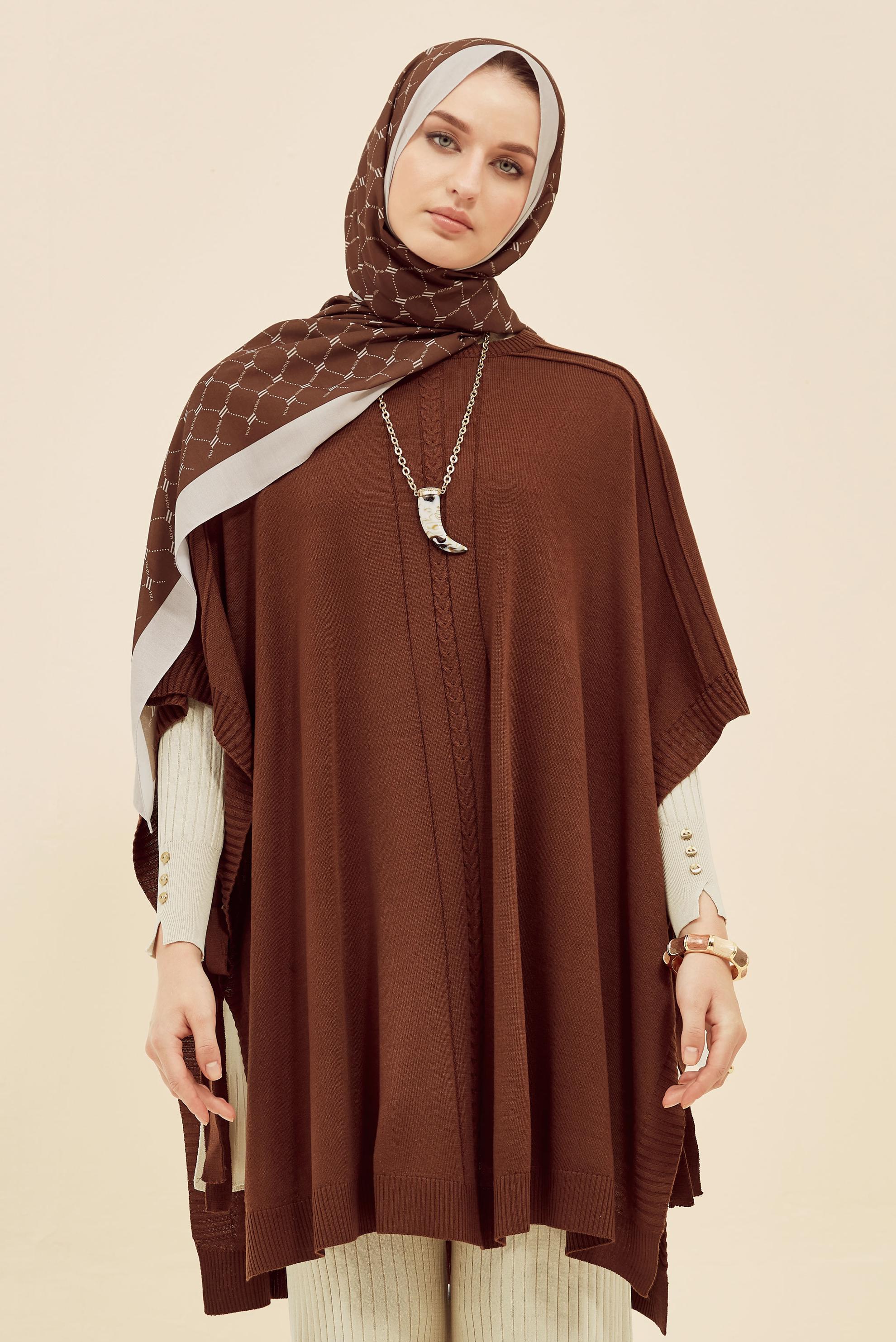 Tesettür giyim KAHVE TRİKO PANÇO 45896