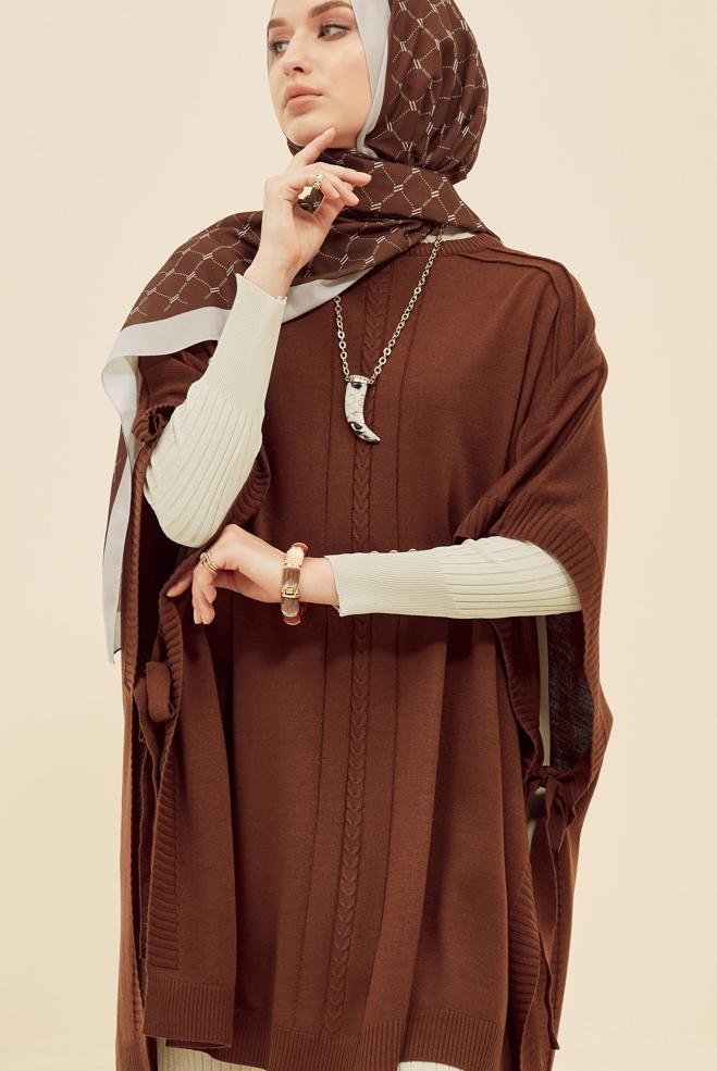 Tesettür giyim KAHVE TRİKO PANÇO 45896 - ALVİNA