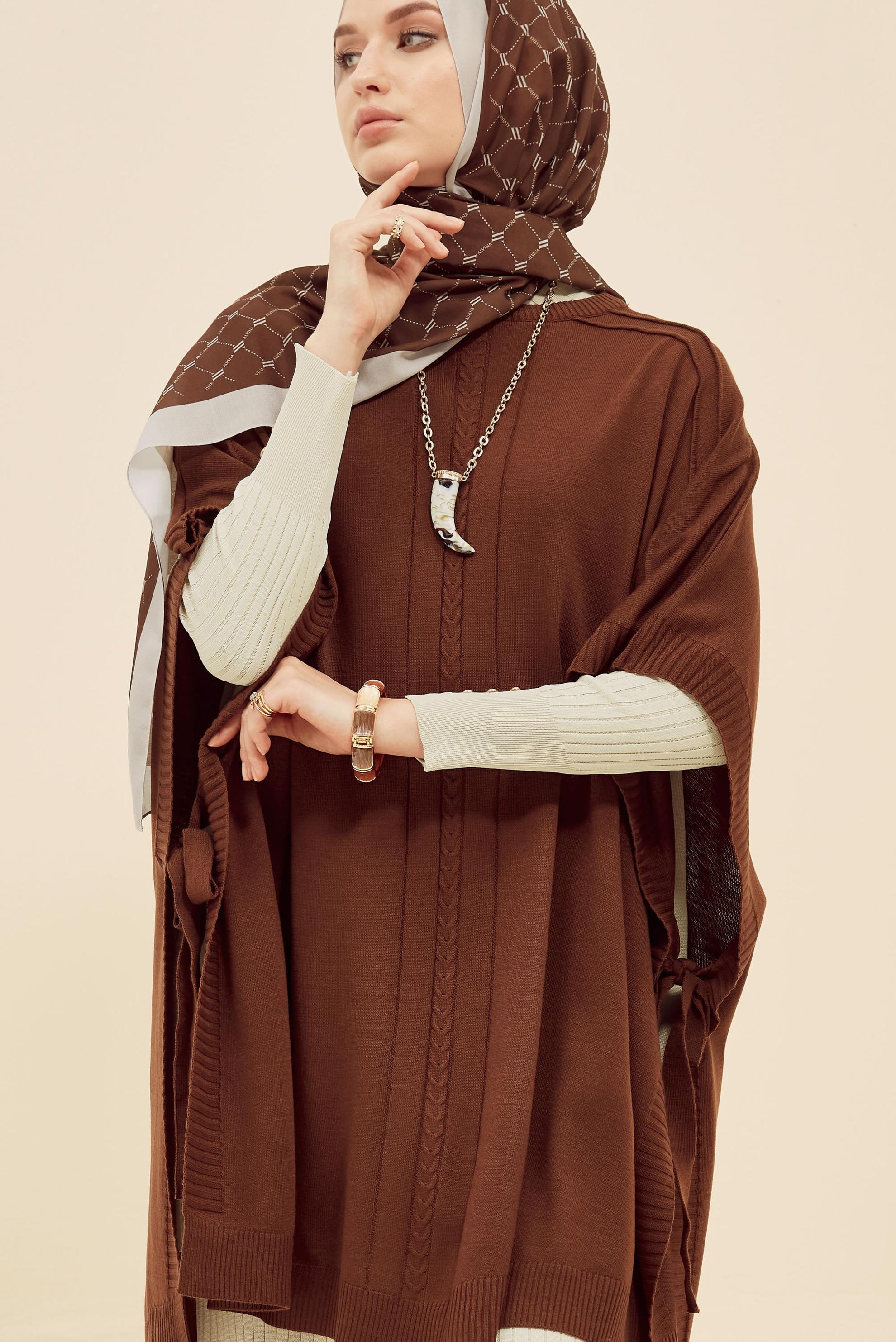 Tesettür giyim KAHVE TRİKO PANÇO 45896