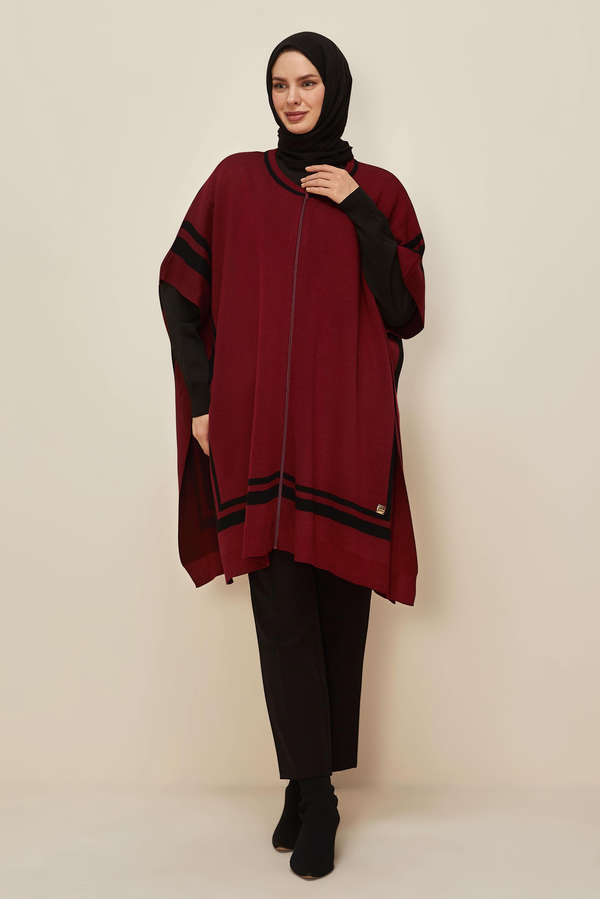 Tesettür giyim BORDO FERMUARLI TRİKO PANÇO 45897