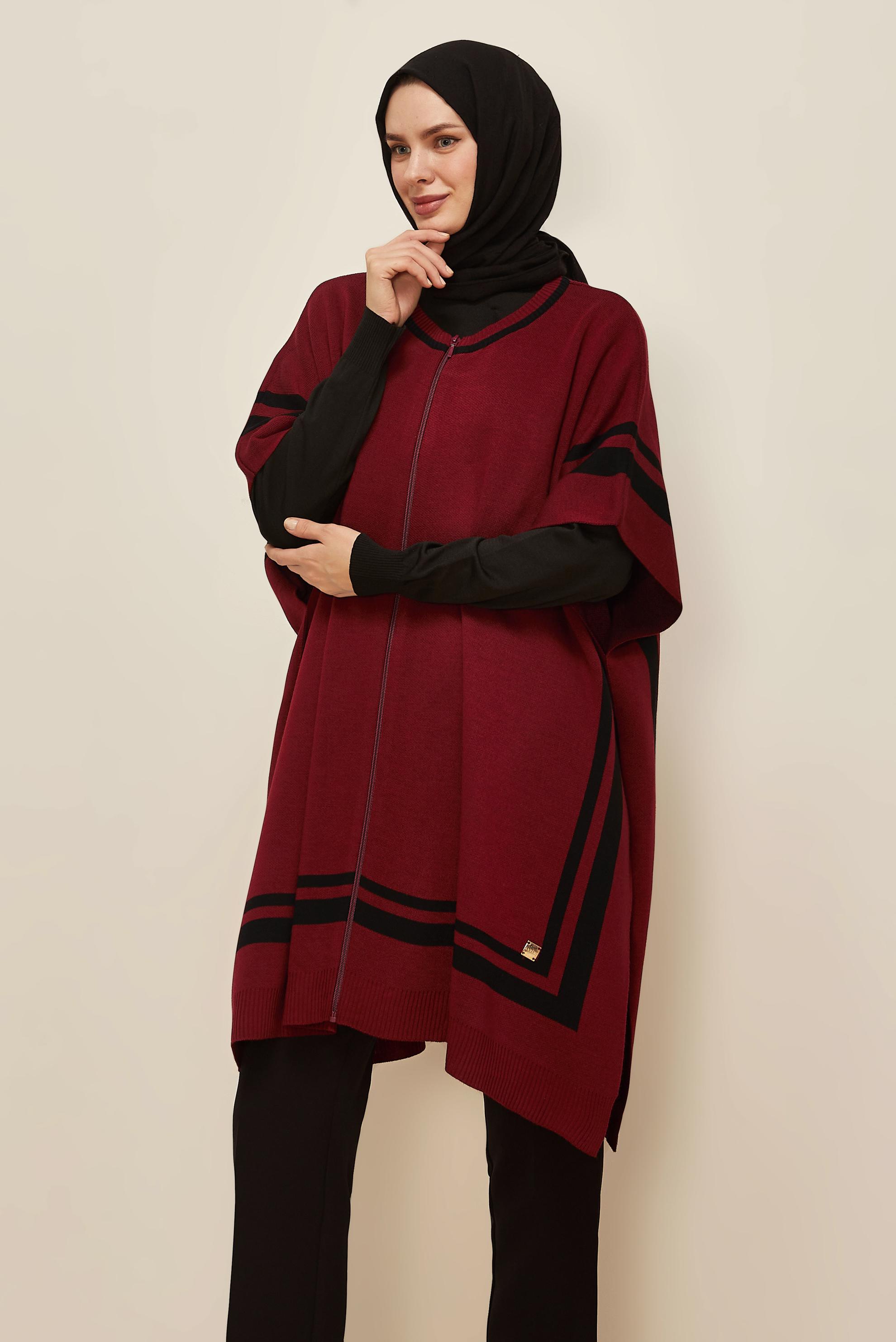 Tesettür giyim BORDO FERMUARLI TRİKO PANÇO 45897