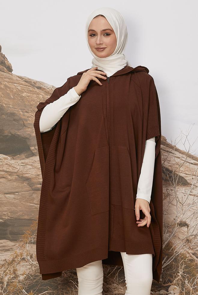 Hijab clothing BROWN HOODED KNITWEAR PONCHO 45898 - ALVİNA