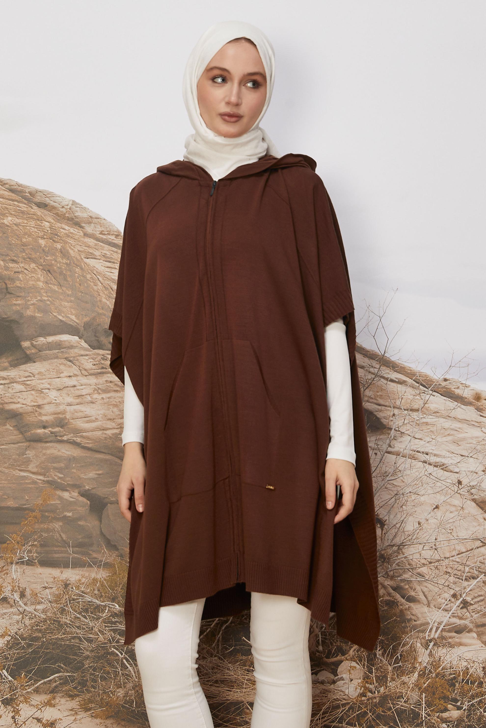 Hijab clothing BROWN HOODED KNITWEAR PONCHO 45898