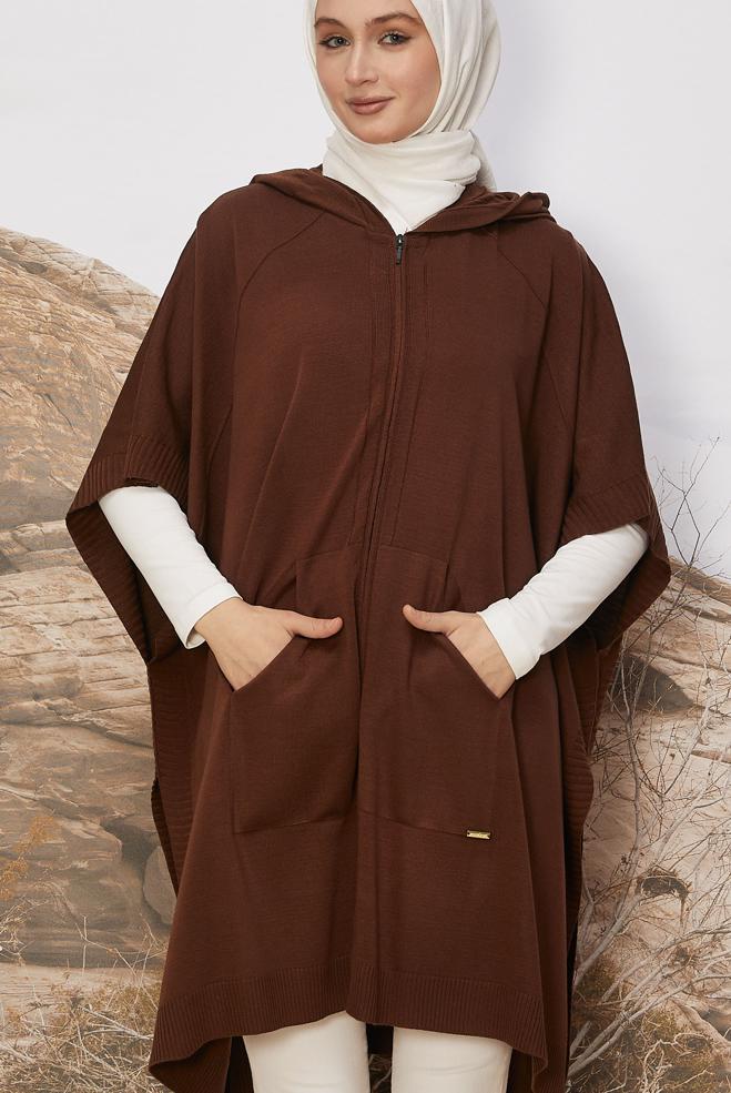 Hijab clothing BROWN HOODED KNITWEAR PONCHO 45898 - ALVİNA
