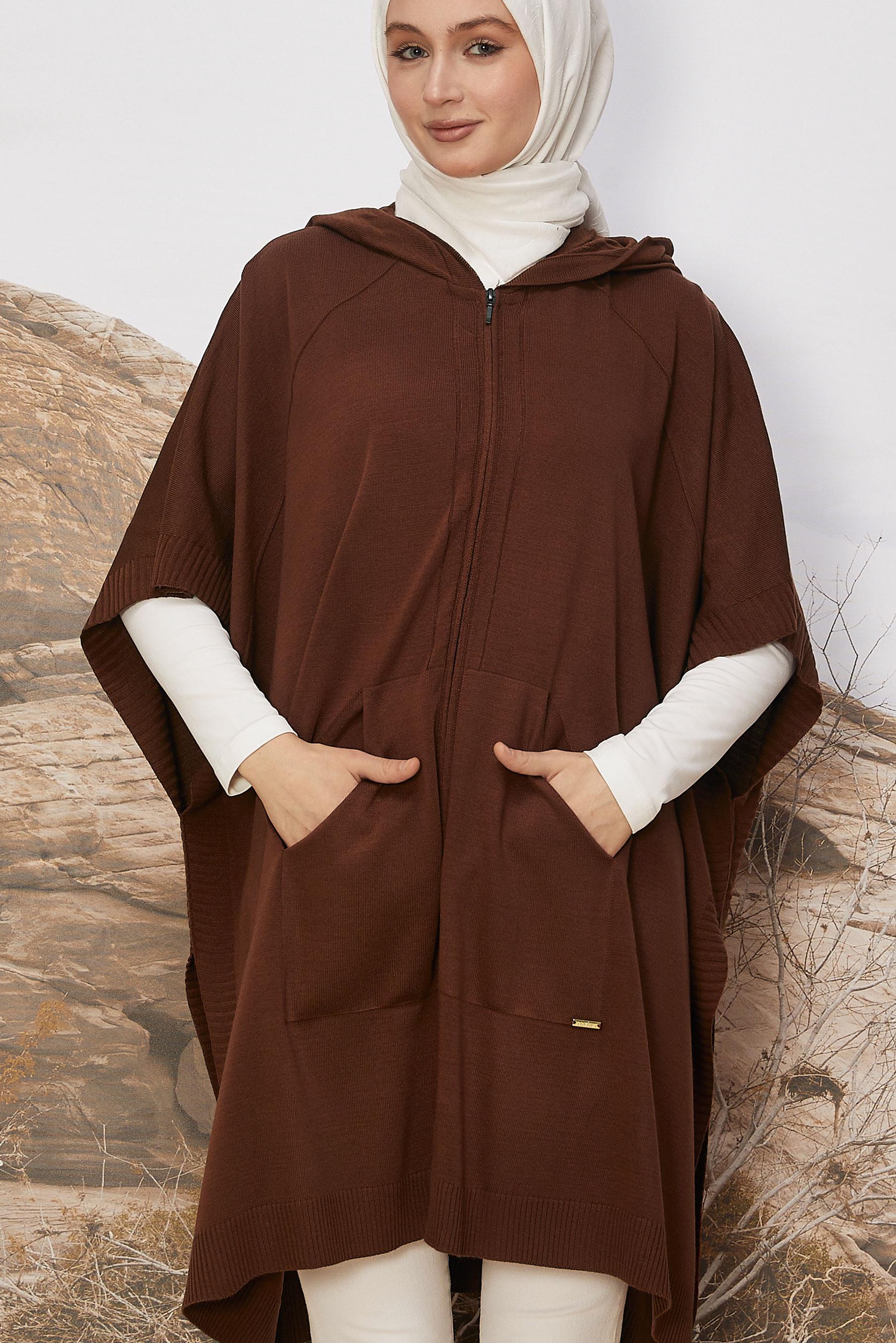 Hijab clothing BROWN HOODED KNITWEAR PONCHO 45898