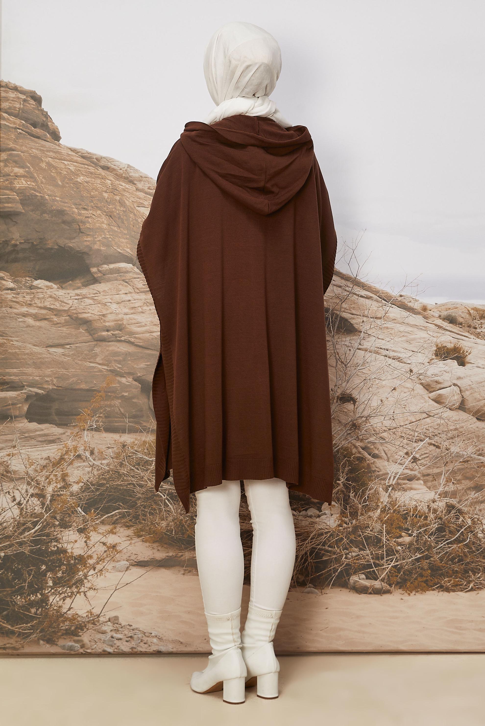 Hijab clothing BROWN HOODED KNITWEAR PONCHO 45898