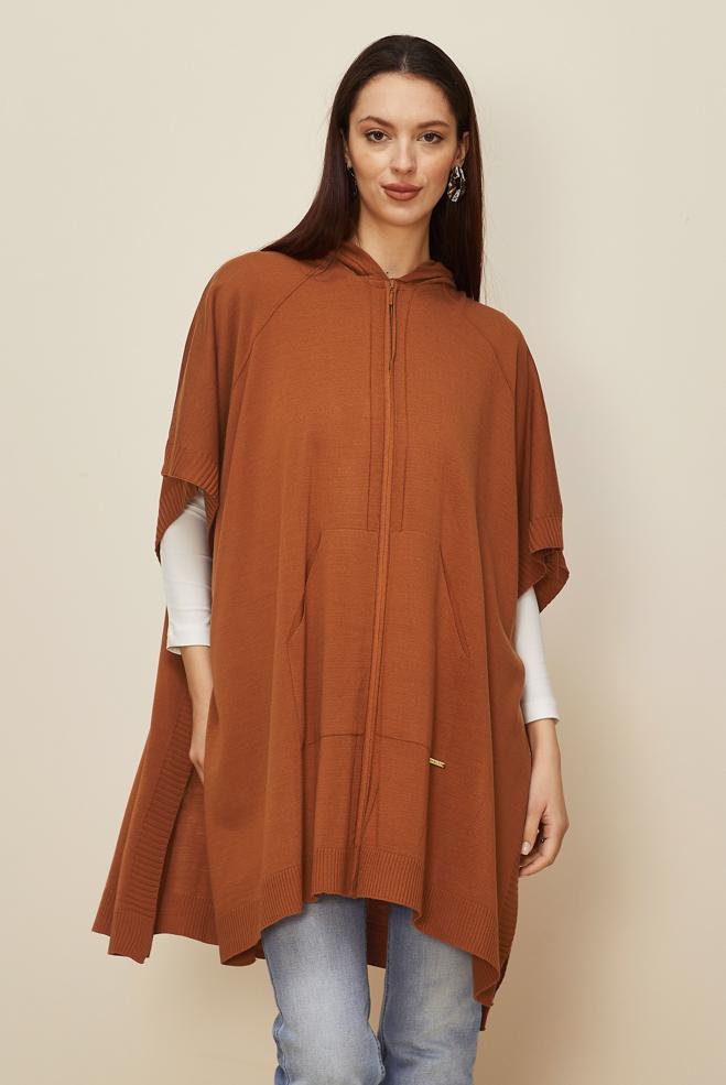 Tesettür giyim TURUNCU KAPÜŞONLU TRİKO PANÇO 45898 - ALVİNA