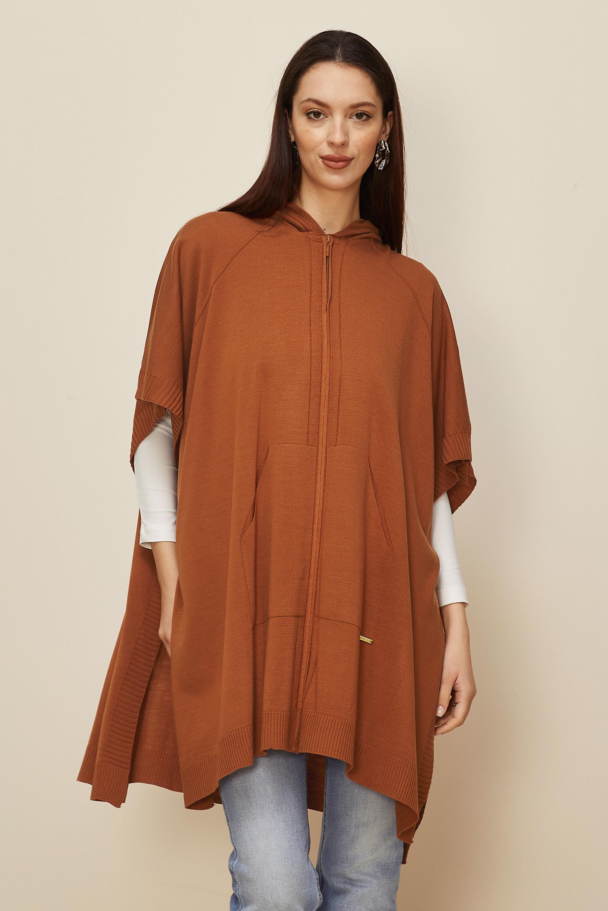 Tesettür giyim TURUNCU KAPÜŞONLU TRİKO PANÇO 45898