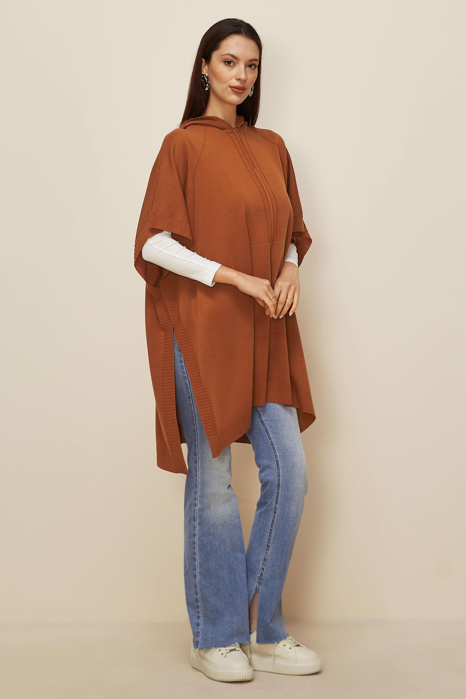 Tesettür giyim TURUNCU KAPÜŞONLU TRİKO PANÇO 45898