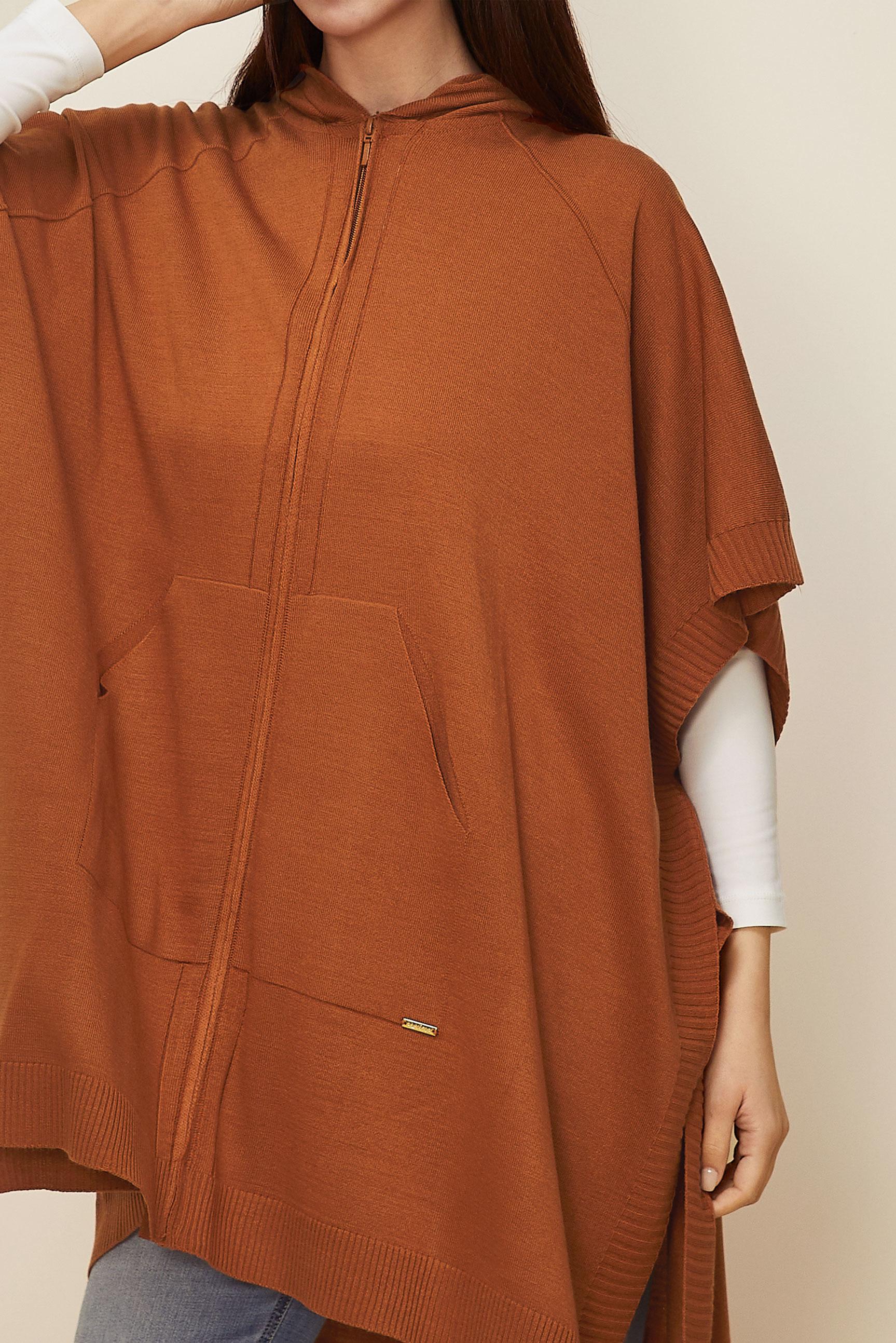 Tesettür giyim TURUNCU KAPÜŞONLU TRİKO PANÇO 45898