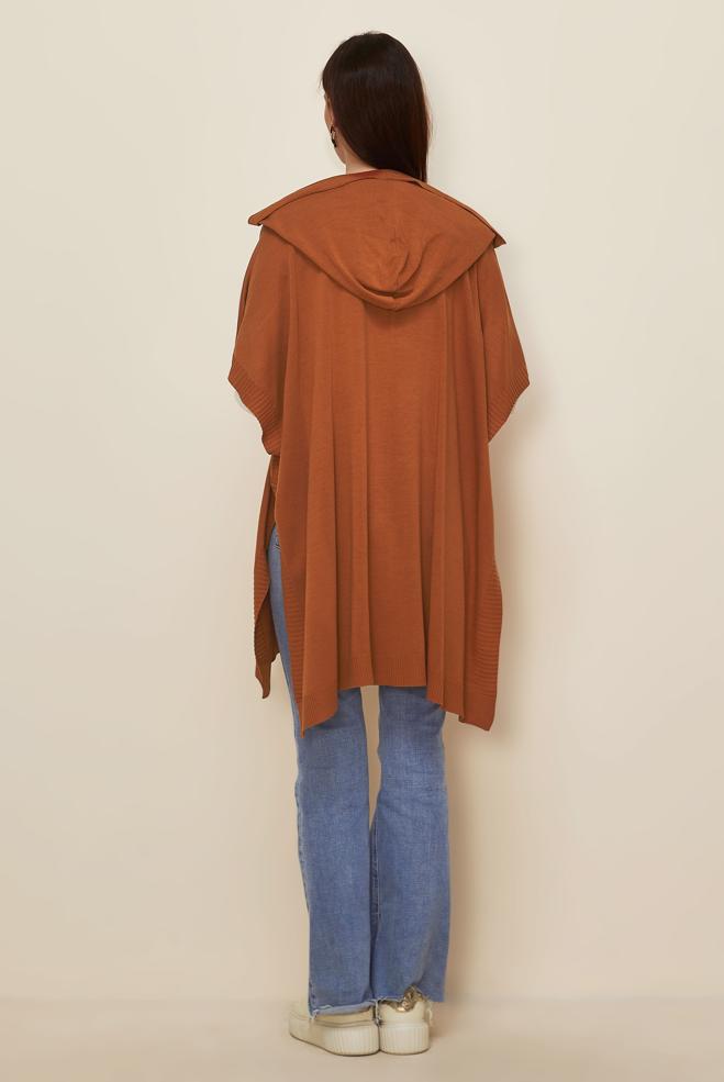 Tesettür giyim TURUNCU KAPÜŞONLU TRİKO PANÇO 45898 - ALVİNA