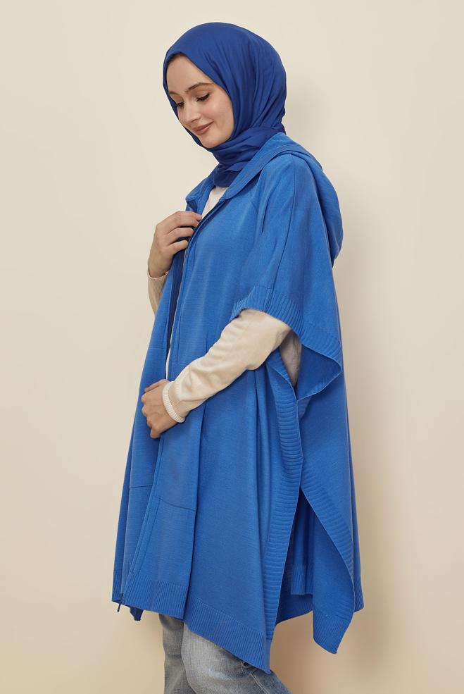Hijab clothing NAVY BLUE HOODED KNITWEAR PONCHO 45898 - ALVİNA