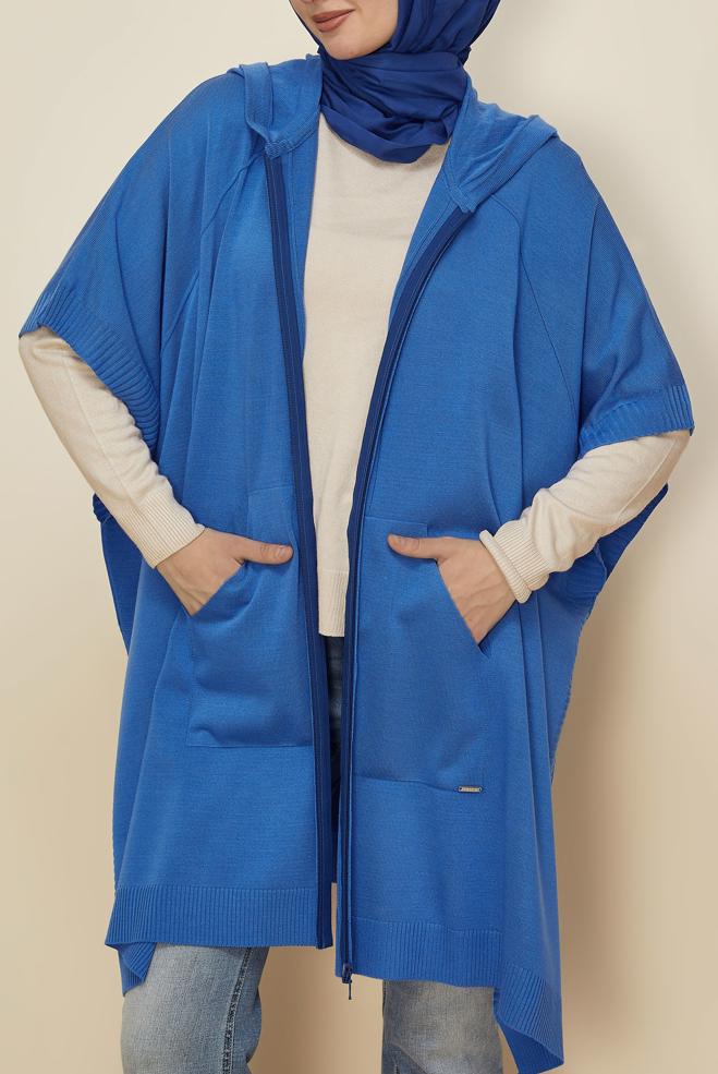 Hijab clothing NAVY BLUE HOODED KNITWEAR PONCHO 45898 - ALVİNA