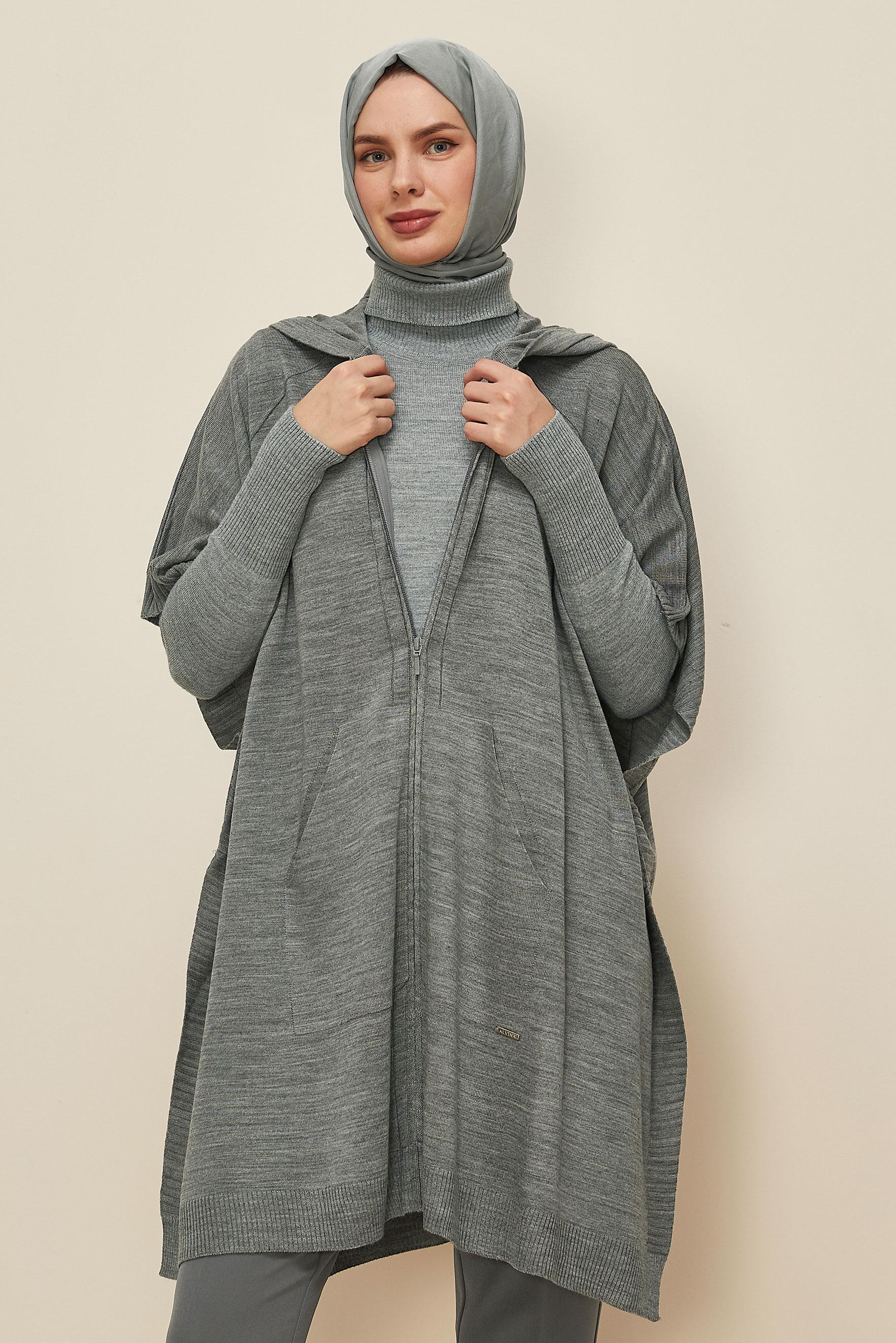 Tesettür giyim GRİ 45898 TRİKO PANÇO 38-44