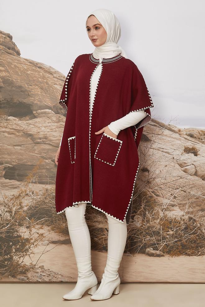 Vêtements hijab ROUGE BORDEAUX PONCHO EN MAILLE 45899 - ALVİNA