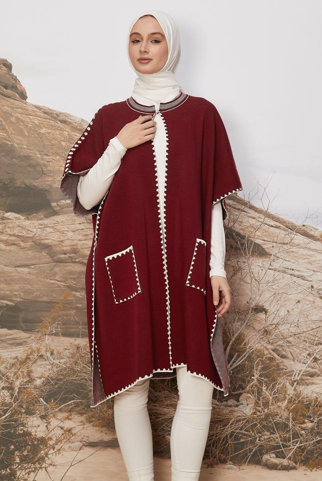 Vêtements hijab ROUGE BORDEAUX PONCHO EN MAILLE 45899 - ALVİNA