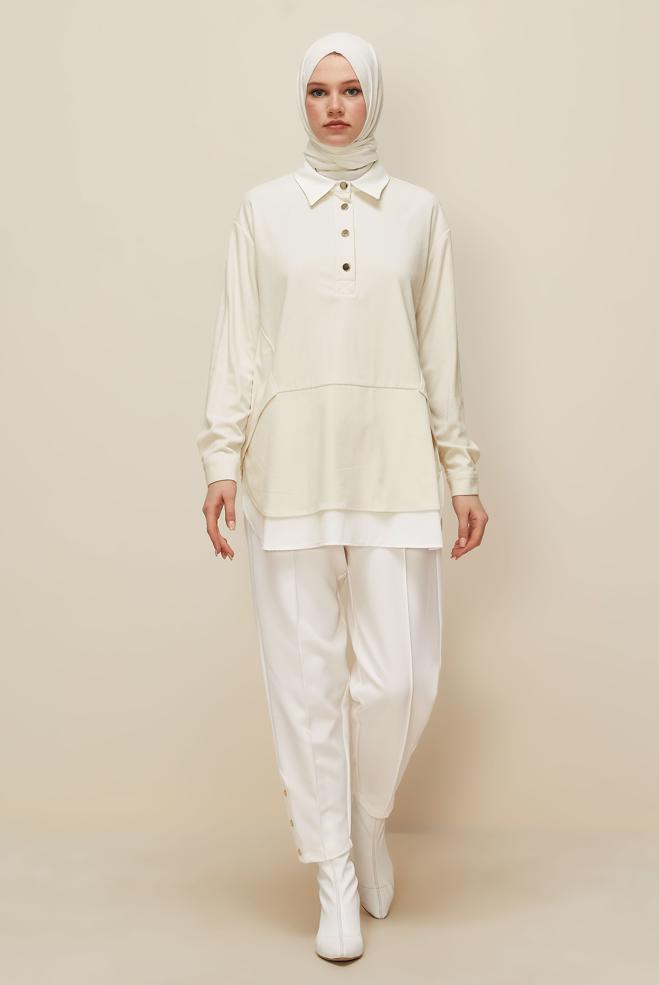 Tesettür giyim BEYAZ ÇITÇIT DETAYLI PANTOLON 70908 - ALVİNA