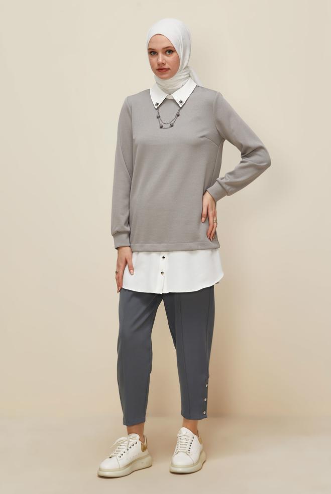 Vêtements hijab GRIS PANTALON DÉTAILLÉ À PRESSION 70908 - ALVİNA