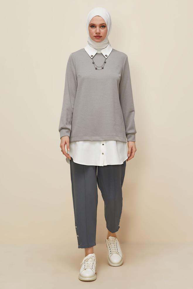 Vêtements hijab GRIS PANTALON DÉTAILLÉ À PRESSION 70908 - ALVİNA