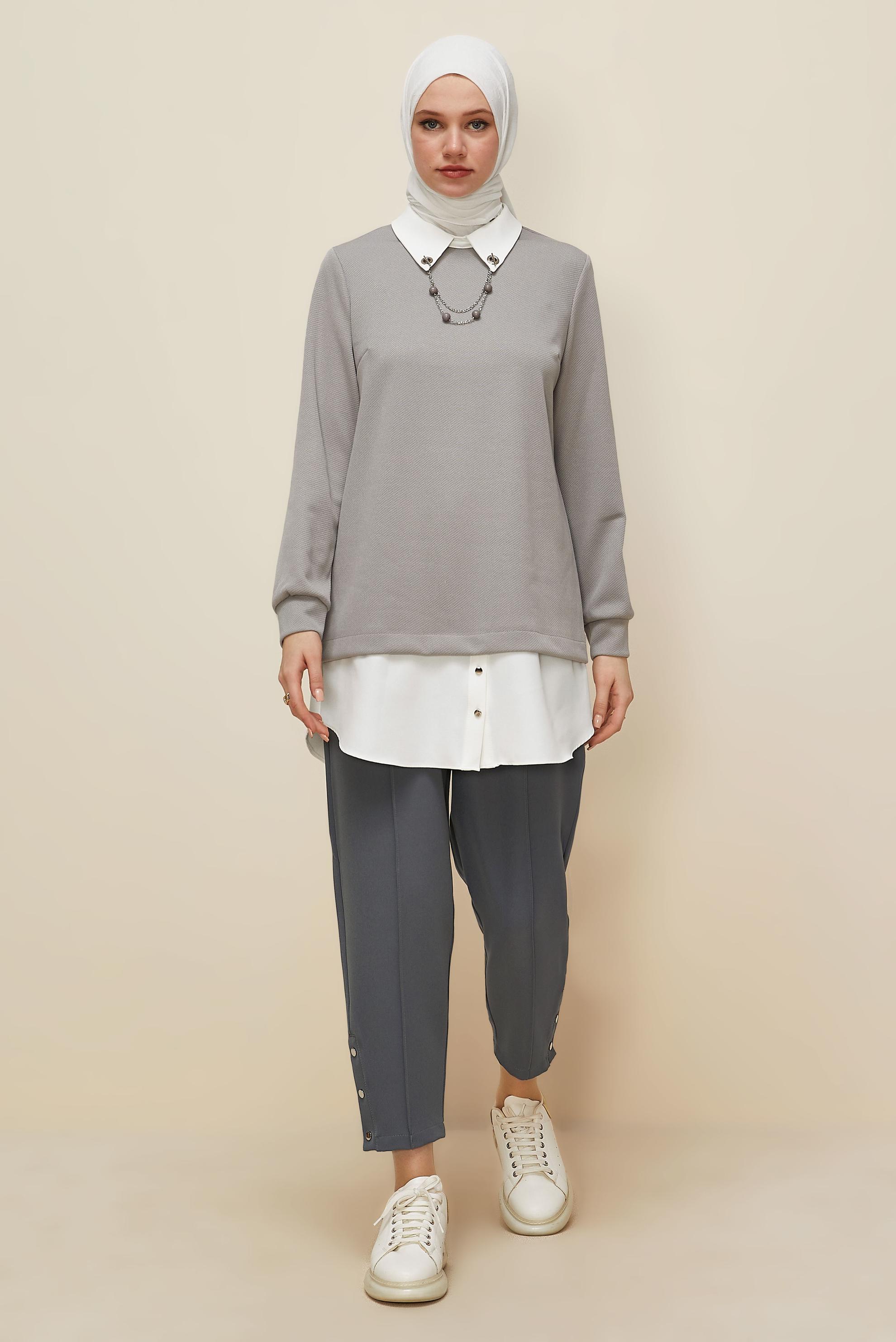 Vêtements hijab GRIS PANTALON DÉTAILLÉ À PRESSION 70908