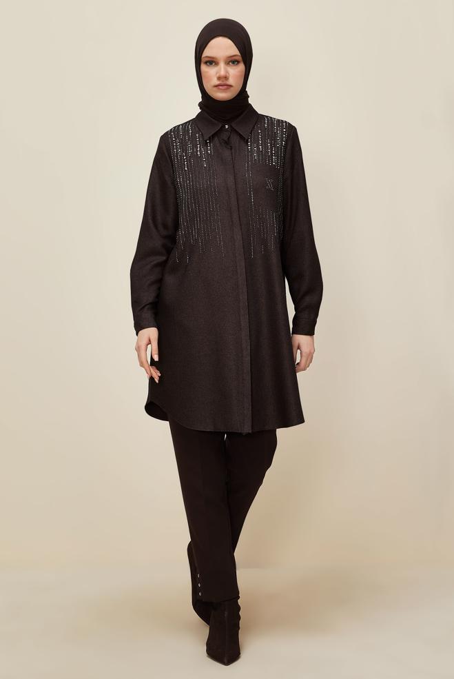 Tesettür giyim KAHVE YIRTMAÇ DETAYLI PANTOLON 70909 - ALVİNA