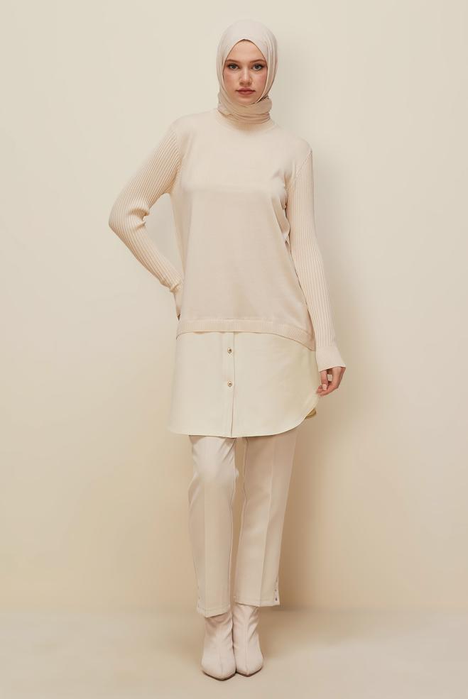 Tesettür giyim BEJ YIRTMAÇ DETAYLI PANTOLON 70909 - ALVİNA