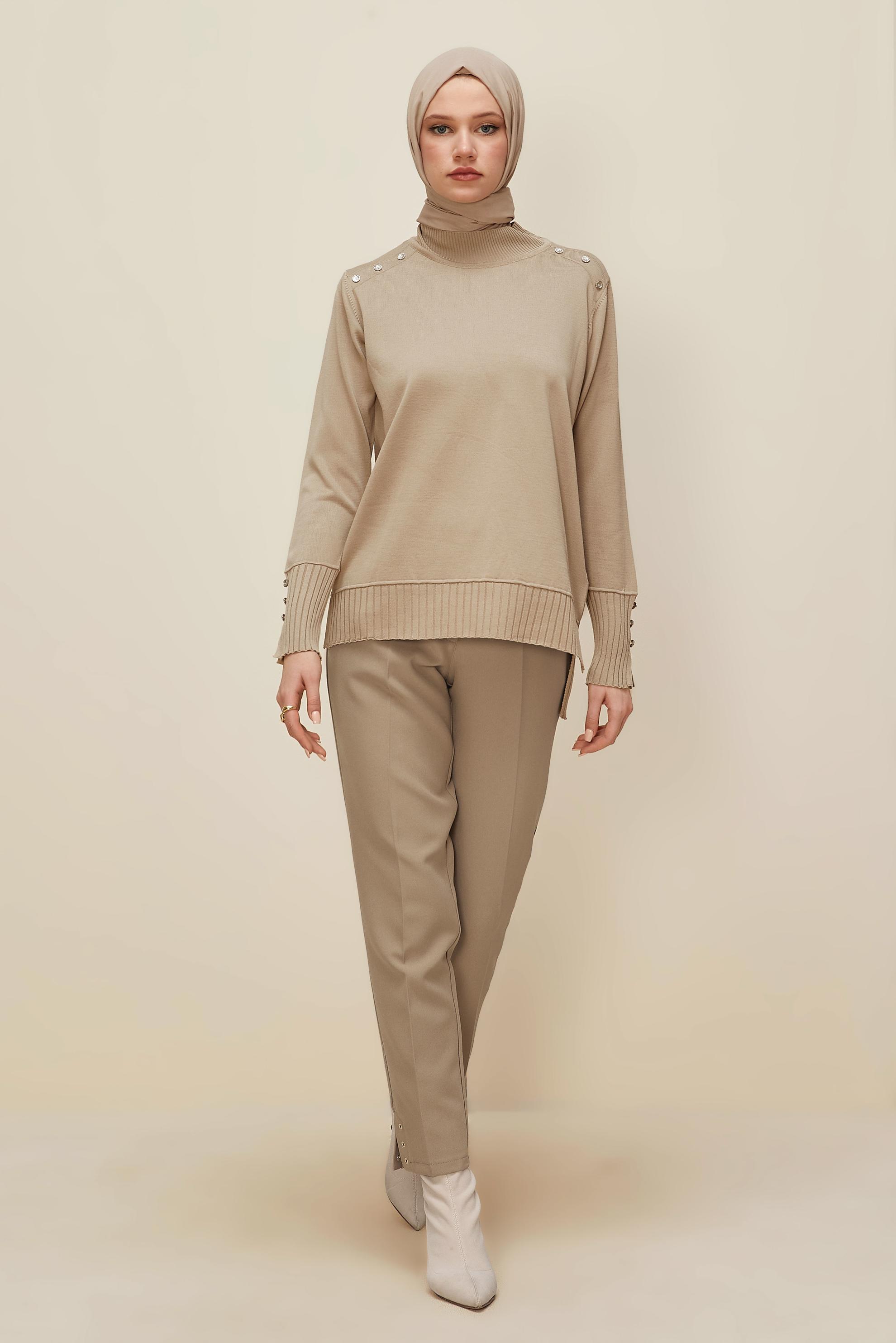 Tesettür giyim KUM YIRTMAÇ DETAYLI PANTOLON 70909