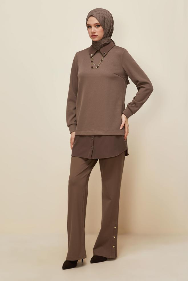 Vêtements hijab BRUN PANTALON DÉTAILLÉ À PRESSION 70912 - ALVİNA