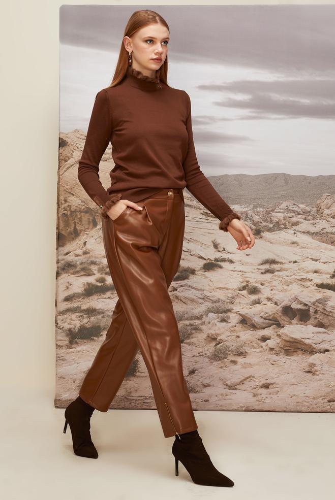 Vêtements hijab BRUN PANTALON EN SIMILI CUIR 70916 - ALVİNA