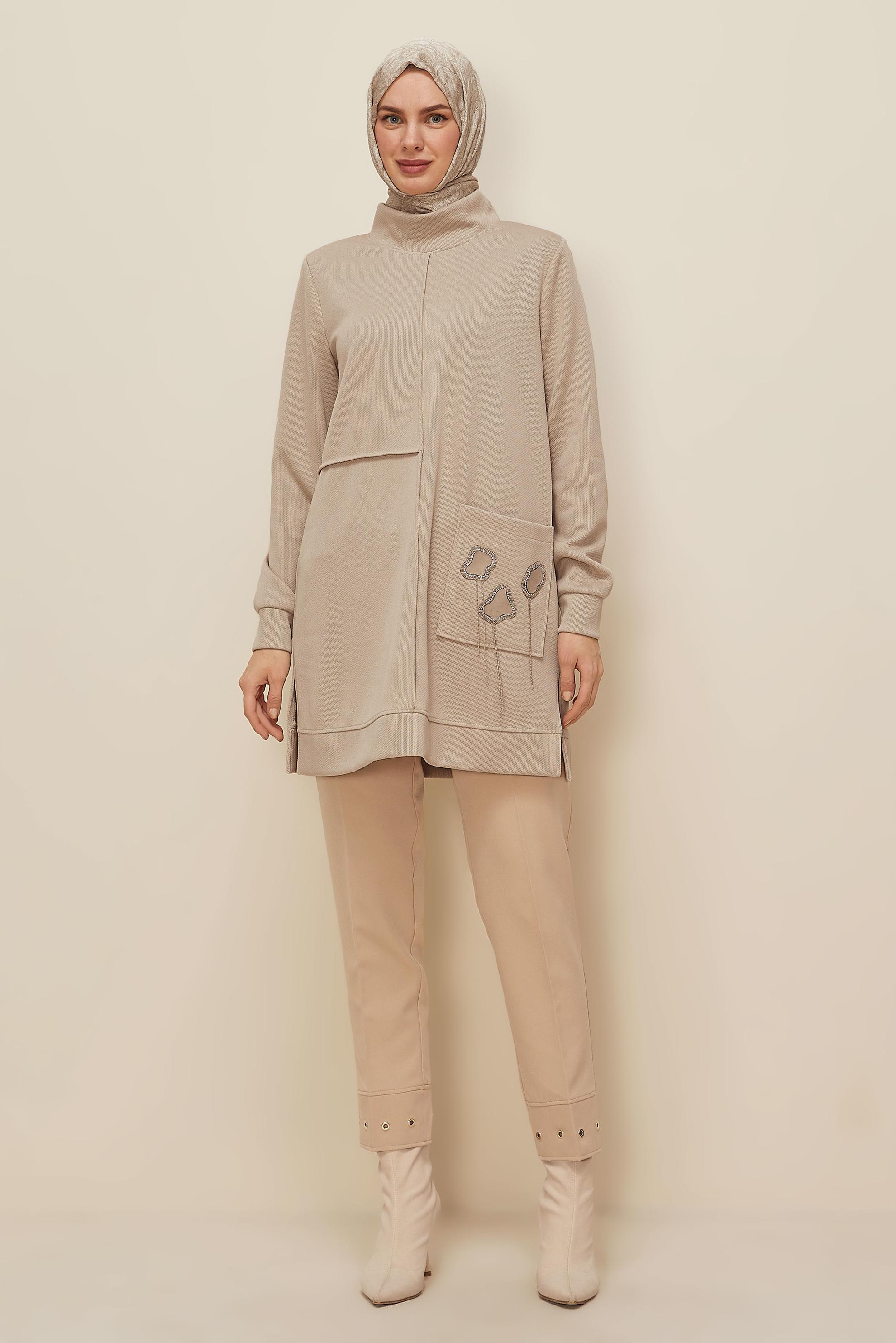 Tesettür giyim BEJ KUŞGÖZÜ DETAYLI PANTOLON 70945