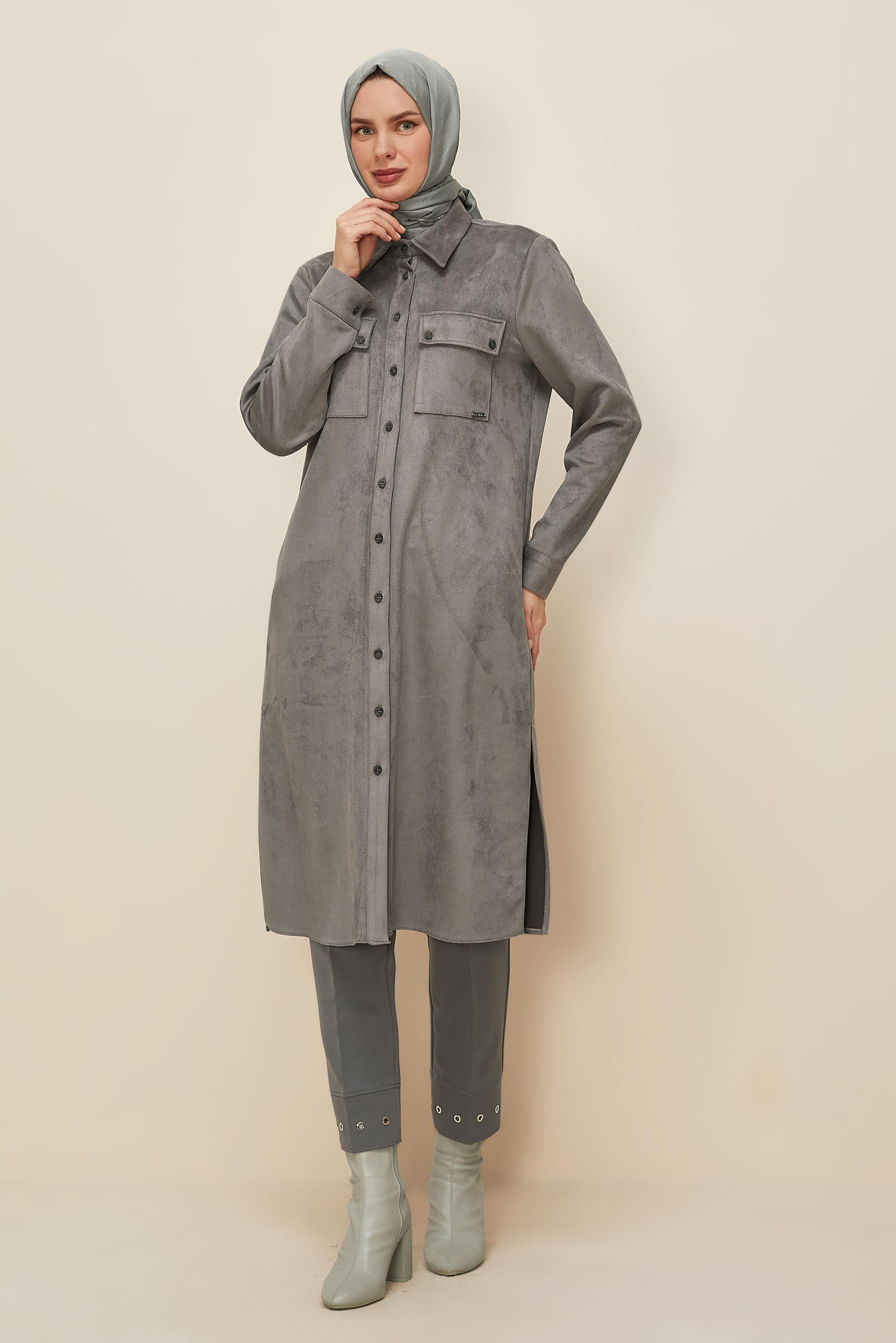 Tesettür giyim GRİ KUŞGÖZÜ DETAYLI PANTOLON 70945