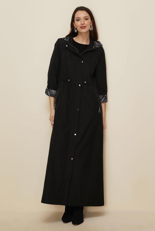 Hijab clothing BLACK HOODED TOPCOAT 10995 - ALVİNA