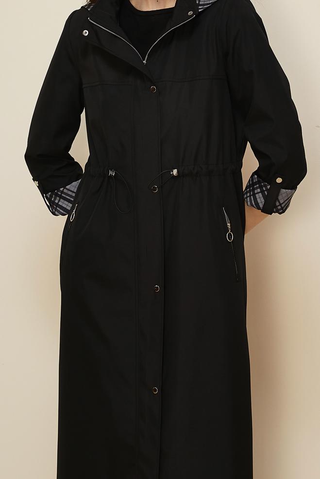 Hijab clothing BLACK HOODED TOPCOAT 10995 - ALVİNA