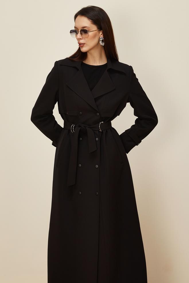 Hijab clothing BLACK BELTED TOPCOAT 10996 - ALVİNA