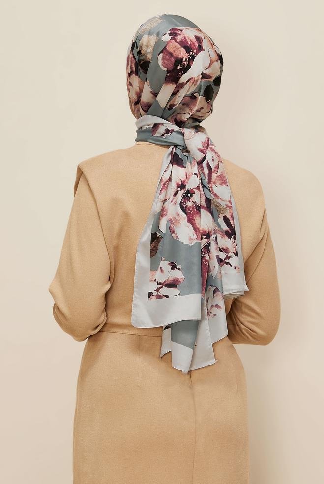 Tesettür giyim GRİ ALVİNA ÇİÇEK DESENLİ ŞAL 8601 - ALVİNA