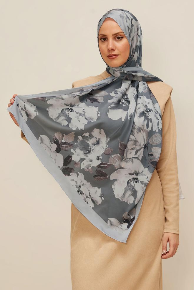 Tesettür giyim GÜMÜŞ ALVİNA ÇİÇEK DESENLİ ŞAL 8601 - ALVİNA