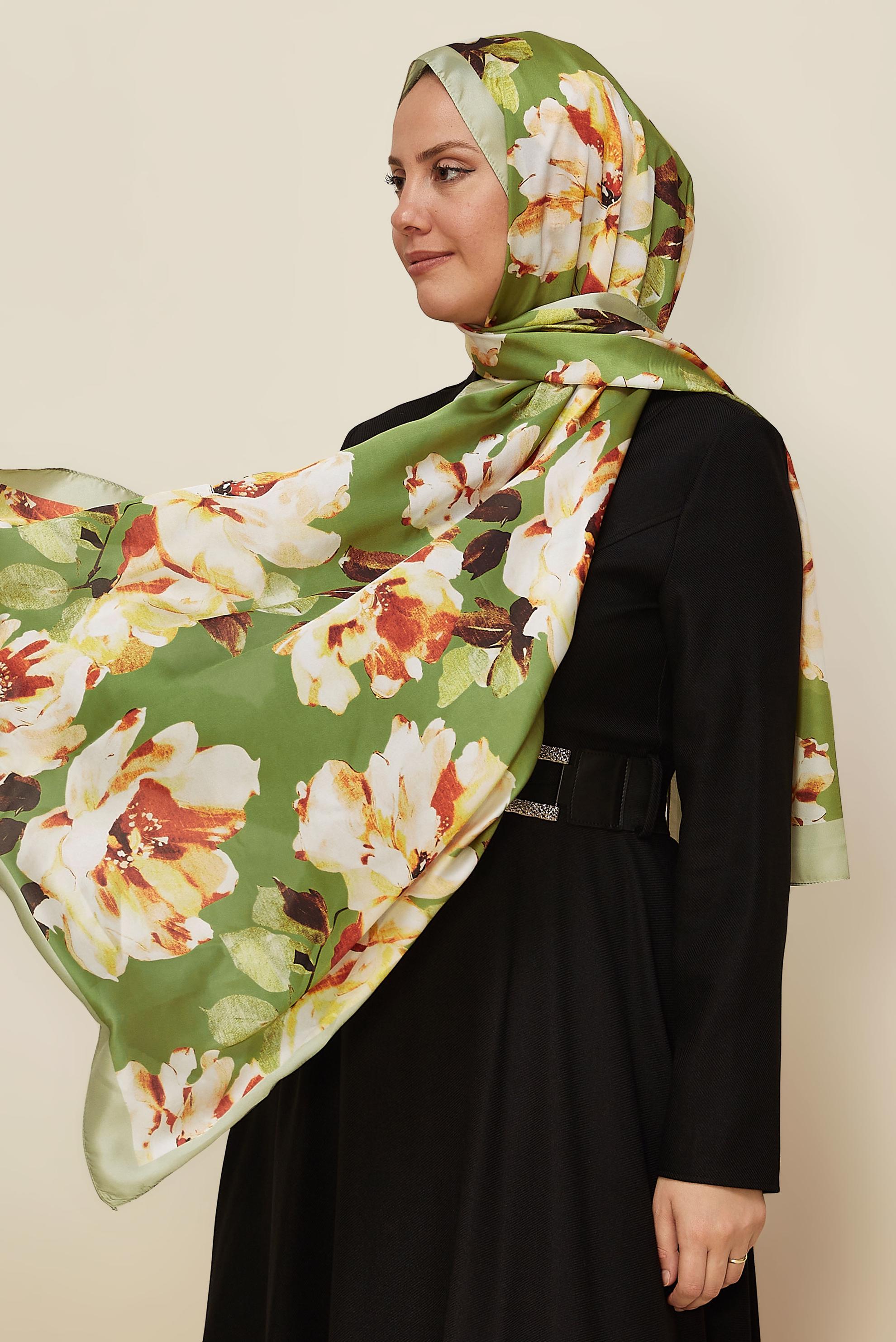 Tesettür giyim HAKİ ALVİNA ÇİÇEK DESENLİ ŞAL 8601