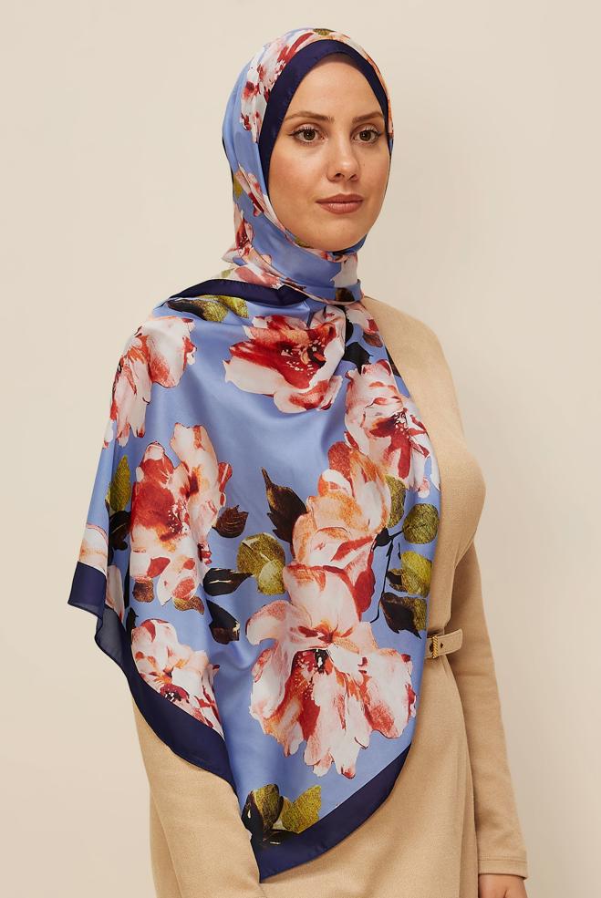 Tesettür giyim LACİVERT ALVİNA ÇİÇEK DESENLİ ŞAL 8601 - ALVİNA