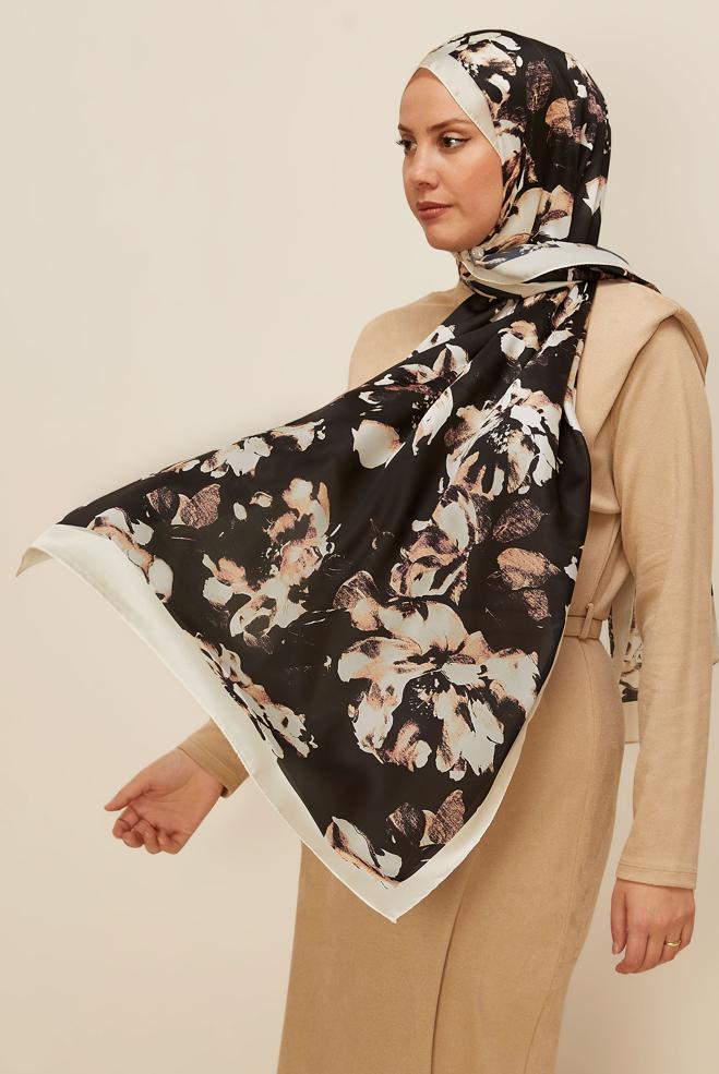 Vêtements hijab GRIS CHÂLE À MOTIFS FLEURS ALVINA 8601 - ALVİNA