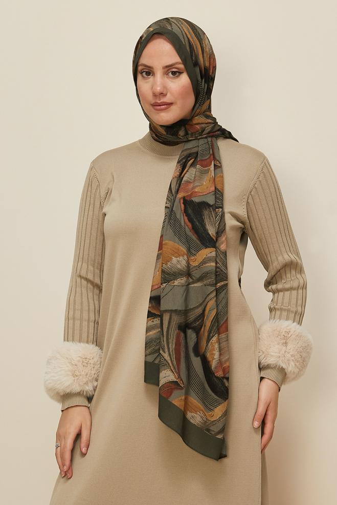 Vêtements hijab KAKI CHÂLE ALVINA EN VISCOSE À MOTIFS 8604 - ALVİNA