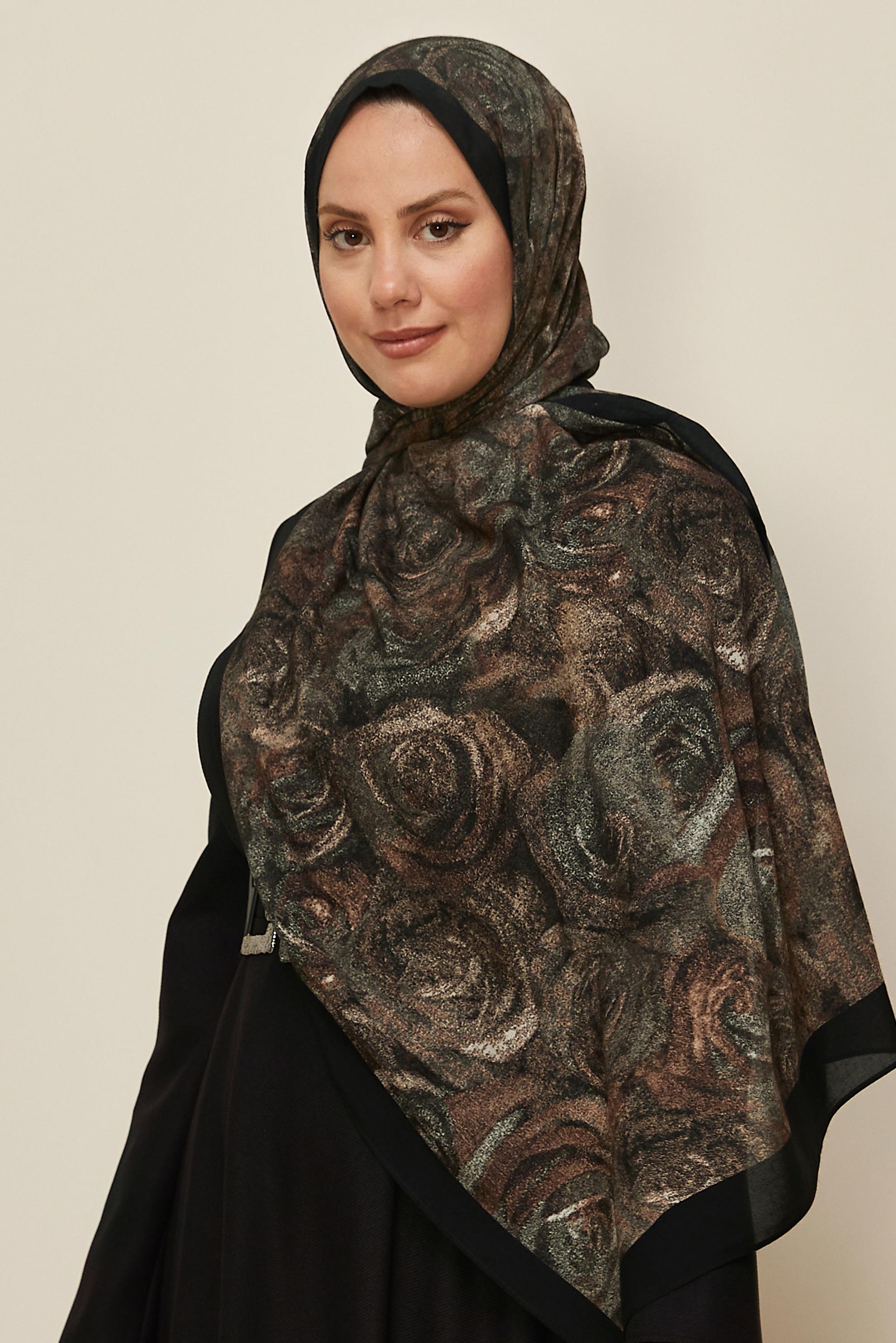 Vêtements hijab NOIR 8605 ALVİNA GÜL DESEN VİSKON ŞAL(NRL)