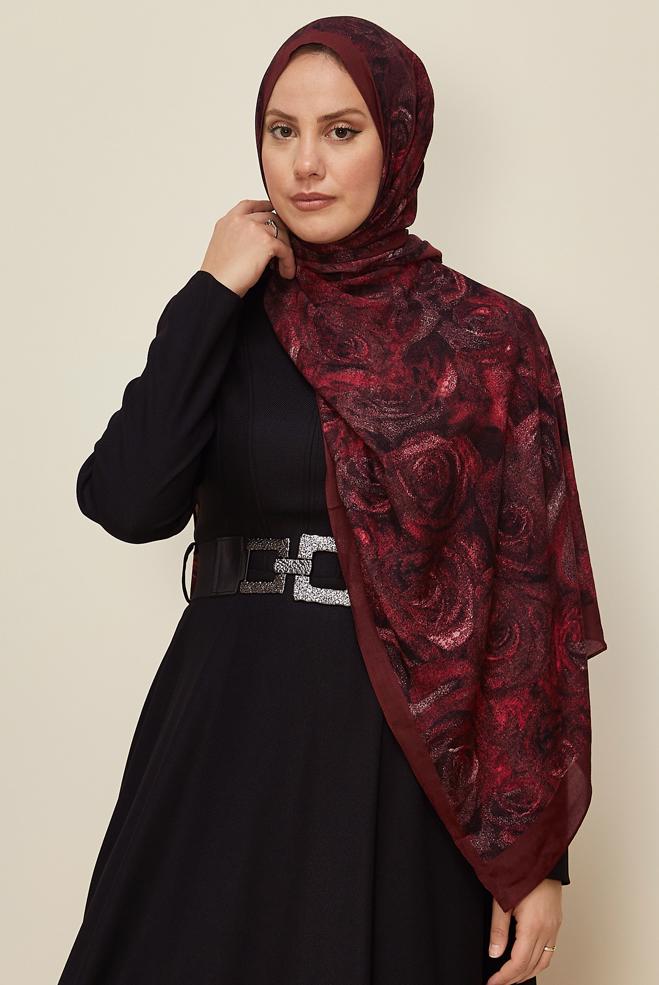 Vêtements hijab ROUGE BORDEAUX 8605 ALVİNA GÜL DESEN VİSKON ŞAL(NRL) - ALVİNA