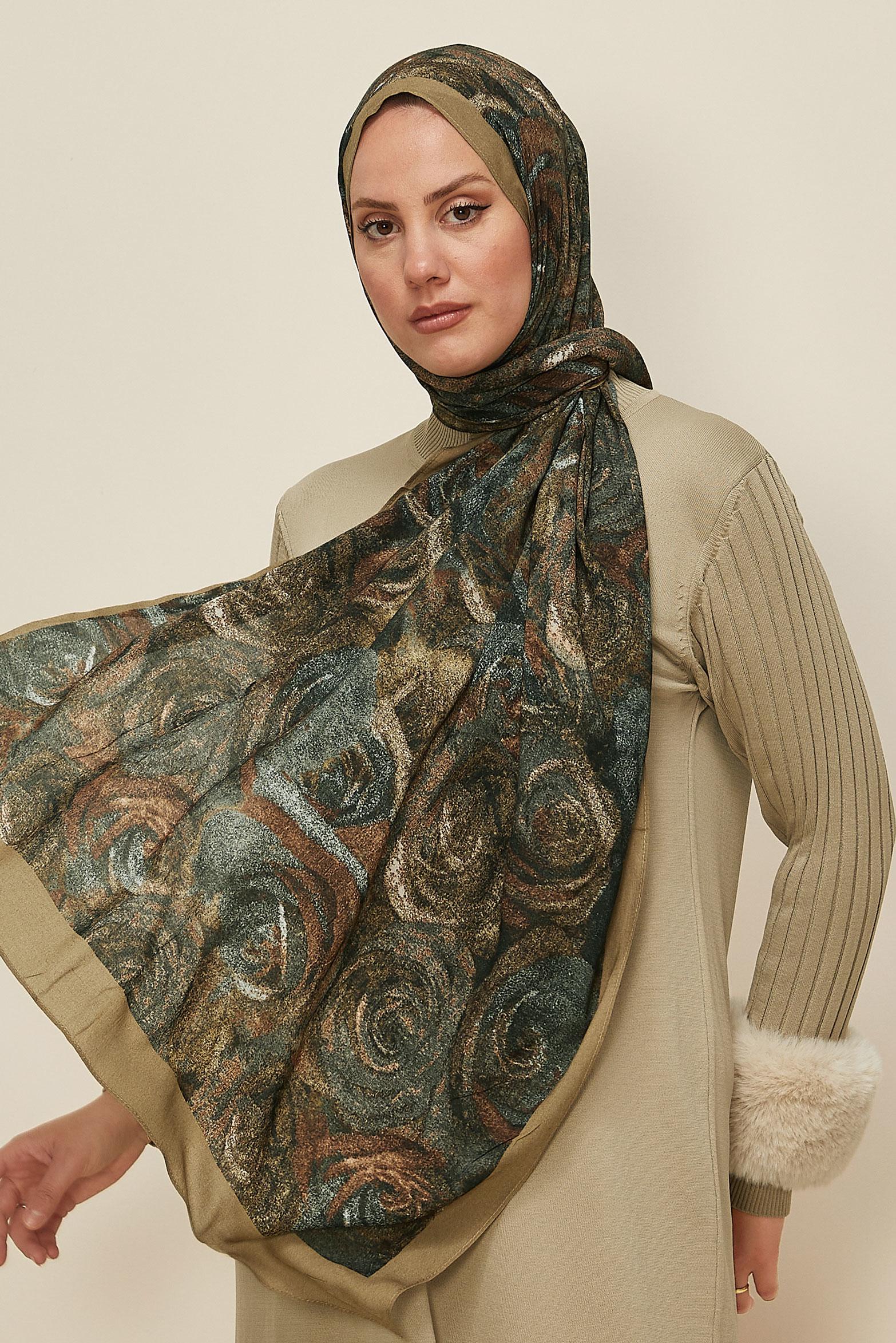 Vêtements hijab KAKI 8605 ALVİNA GÜL DESEN VİSKON ŞAL(NRL)