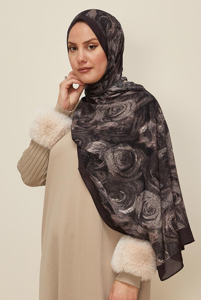 Vêtements hijab BRUN 8605 ALVİNA GÜL DESEN VİSKON ŞAL(NRL) - ALVİNA