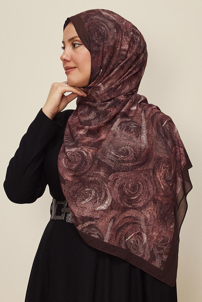 Vêtements hijab BRUN 8605 ALVİNA GÜL DESEN VİSKON ŞAL(NRL) - ALVİNA