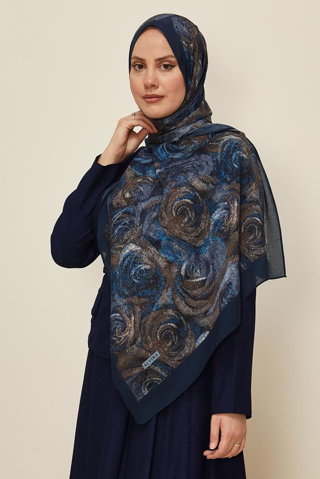 Vêtements hijab BLEU MARINE 8605 ALVİNA GÜL DESEN VİSKON ŞAL(NRL) - ALVİNA