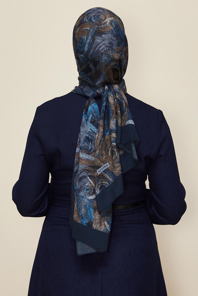 Vêtements hijab BLEU MARINE 8605 ALVİNA GÜL DESEN VİSKON ŞAL(NRL) - ALVİNA