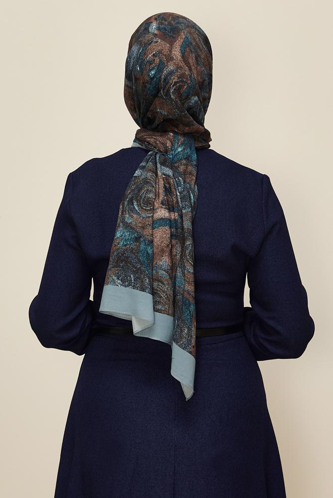 Vêtements hijab BLEU CHÂLE À MOTIFS ALVINA ROSE 8605 - ALVİNA