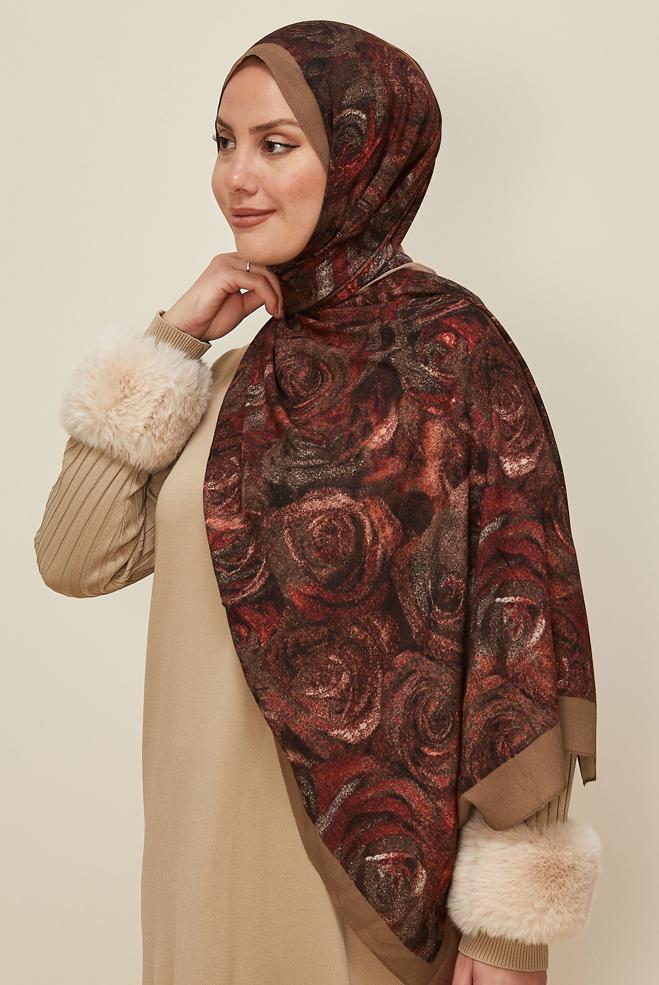 Vêtements hijab BRUN CHÂLE À MOTIFS ALVINA ROSE 8605 - ALVİNA