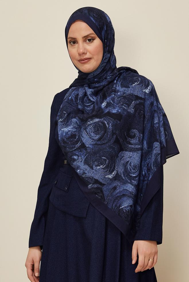 Vêtements hijab BLEU MARINE CHÂLE À MOTIFS ALVINA ROSE 8605 - ALVİNA